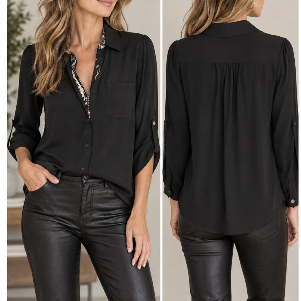 Diane von Furstenberg DVF Silk Blouse 6 Black Button Up Printed Trim Roll Sleeve